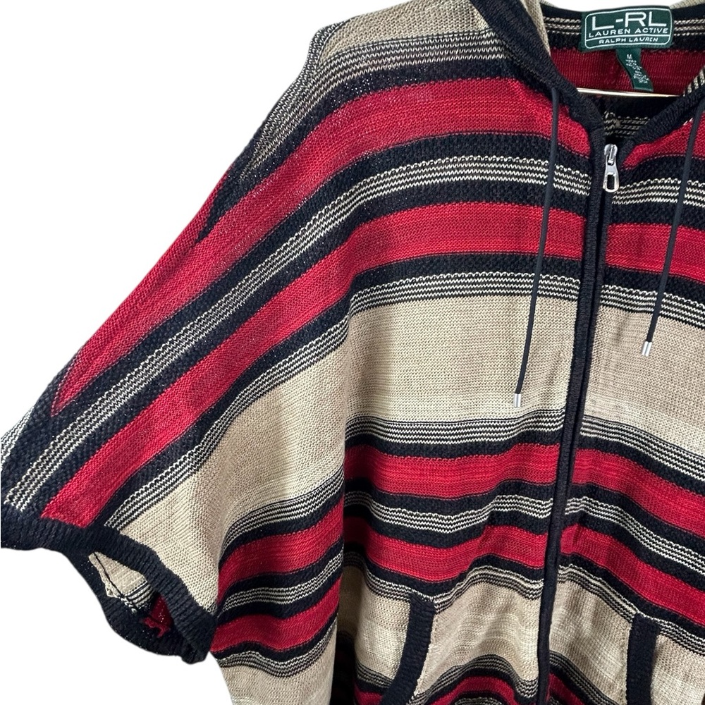 Lauren Ralph Lauren Active red, black, and tan striped hooded knit poncho - Picture 2 of 7